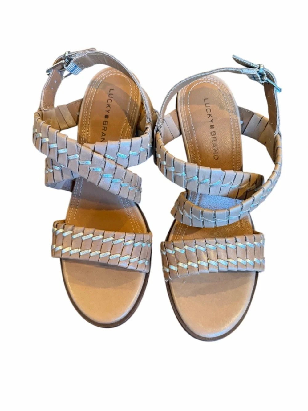Lucky‎ Brand Beige Braided Leather Block Heel Sandals
